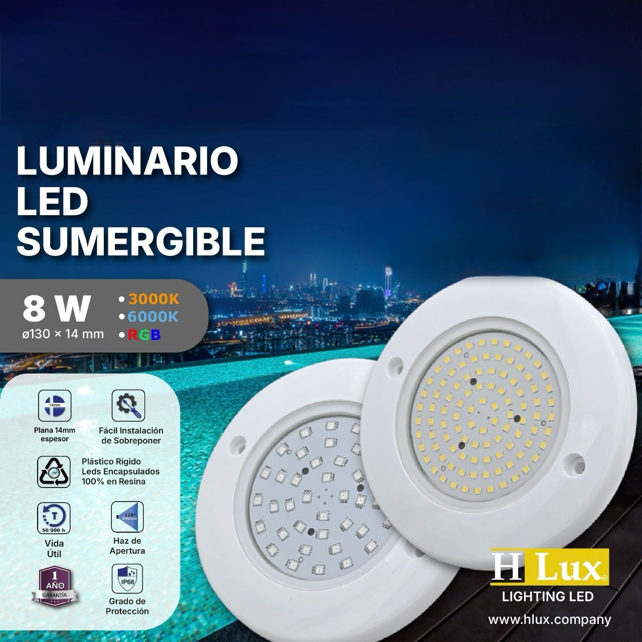 Luminario LED Sumergible para Alberca – 8W-(Corriente Directa)